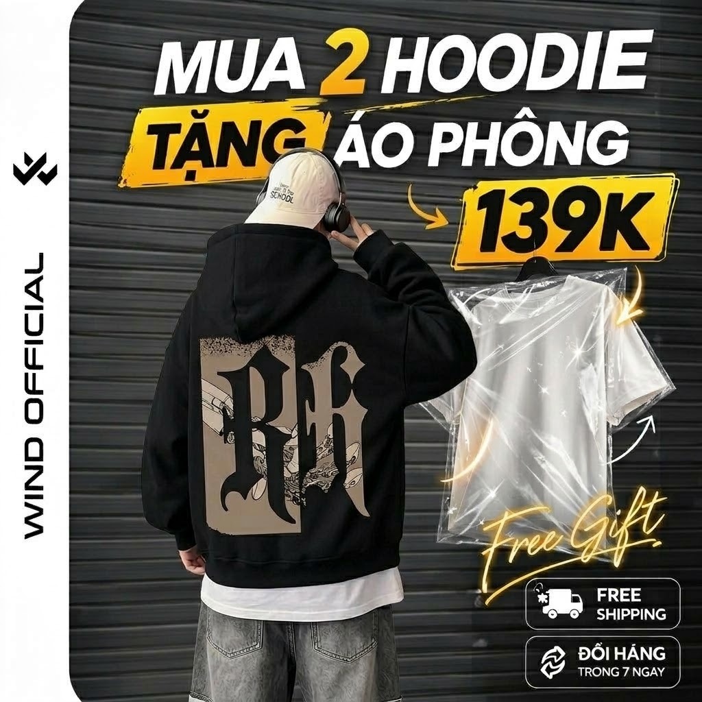 Áo hoodie nam nữ form rộng unisex WIND CHỮ R áo khoác zip dây kéo nỉ bông chống nắng oversize