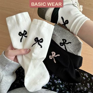 Set 5 Đôi Tất Cổ Cao, Vớ Vải Cotton Trơn Mềm Họa Tiết Nơ, 3 Màu Cổ Bo Chun Siêu Co Giãn tt60