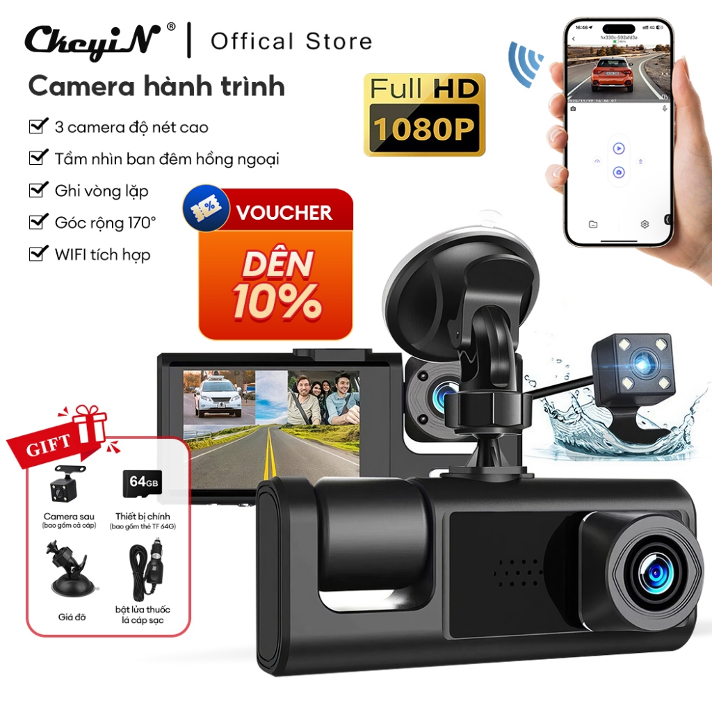 CkeyiN camera hành trình ô tô Ghi hình toàn cảnh 3 ống kính Wifi full HD 1080p hồng ngoại siêu nét QC023H