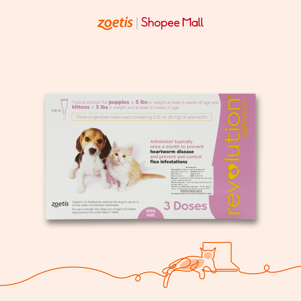 Nhỏ gáy Revolution Phòng Ve, Bọ Chét, Ký Sinh Trùng Trong và Ngoài cho Chó Mèo Nhỏ <2.6kg (0.25ml)