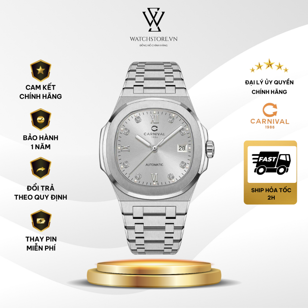 Đồng Hồ Cơ Nam Carnival 8160G-VT-TX Trắng Xám Đính Đá Mặt Kính Sapphire 41mm Dạ Quang Dây Kim Loại K