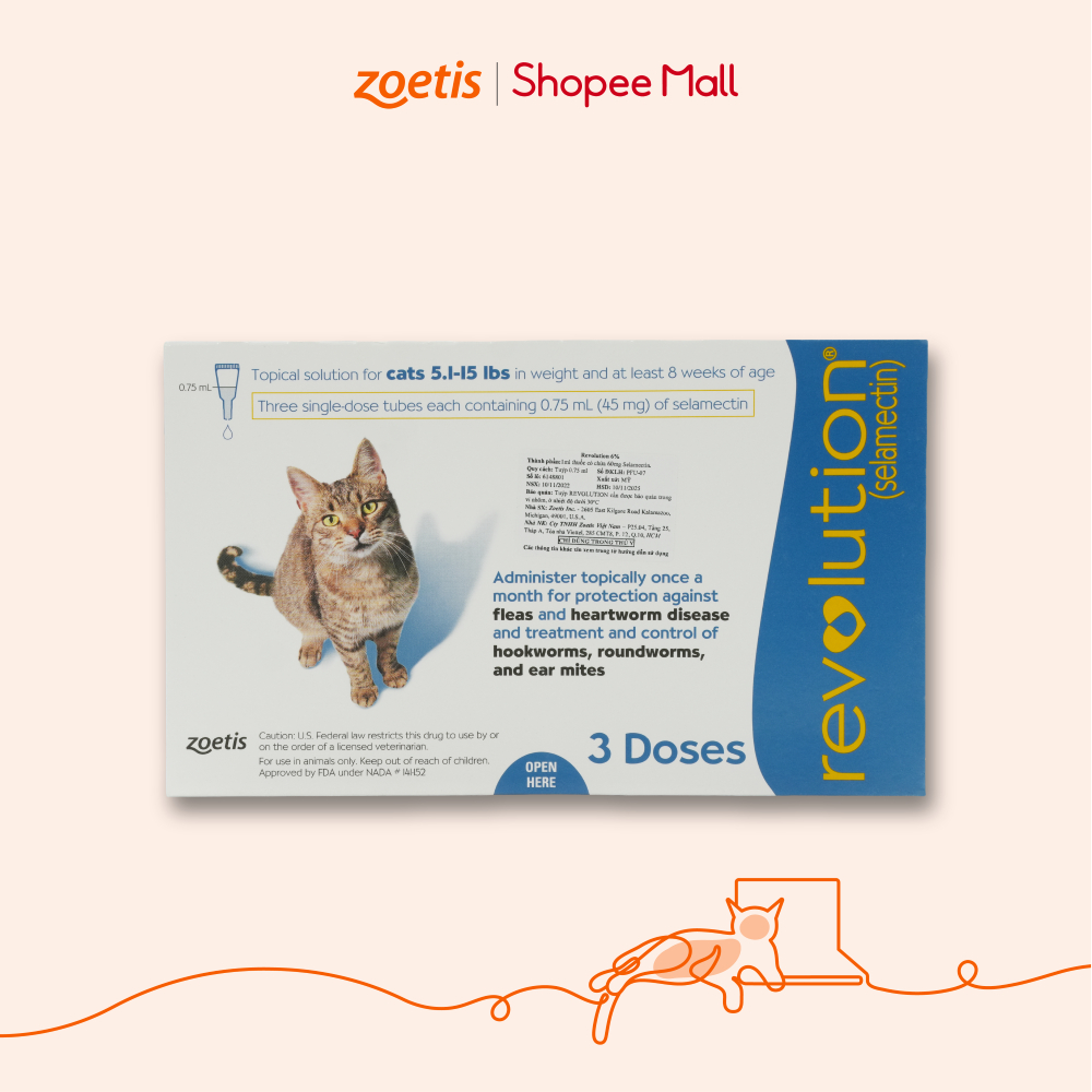 Nhỏ gáy Revolution Phòng Ve, Bọ Chét, Ký Sinh Trùng Trong và Ngoài cho Mèo Lớn từ 2.6-7.5kg (0.75ml)