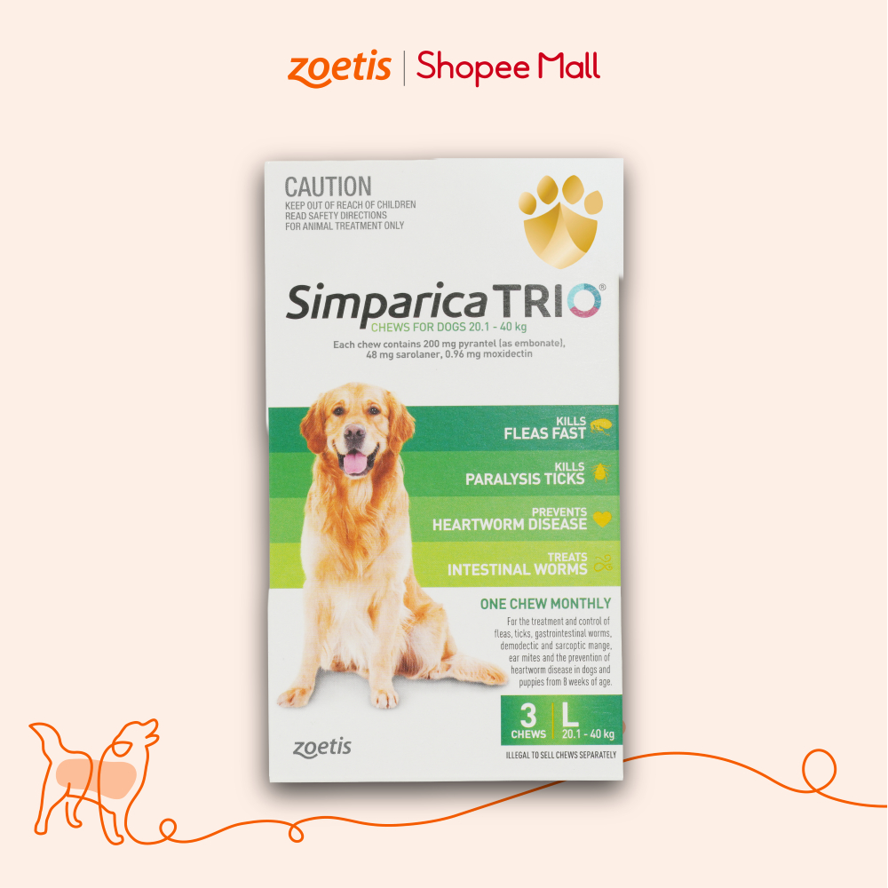 Simparica Trio –Viên Nhai Phòng Ve, Ghẻ Bọ Chét kết hợp Tẩy Giun Cho Chó Zoetis từ 20.1-40kg size L(