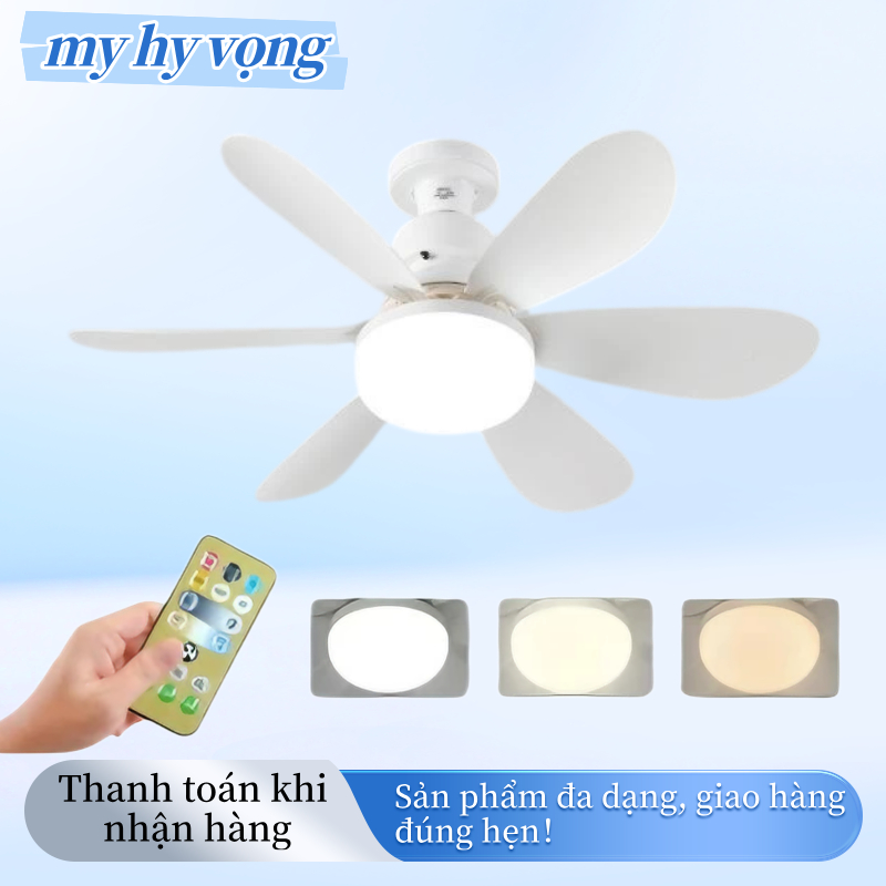 Quạt Trần 2 Trong 1 Kiêm Đèn Trang Trí Sắc E27 – 6 Cánh Gió, Đèn 3 Màu 3000K–6500K, Điều Khiển Từ Xa