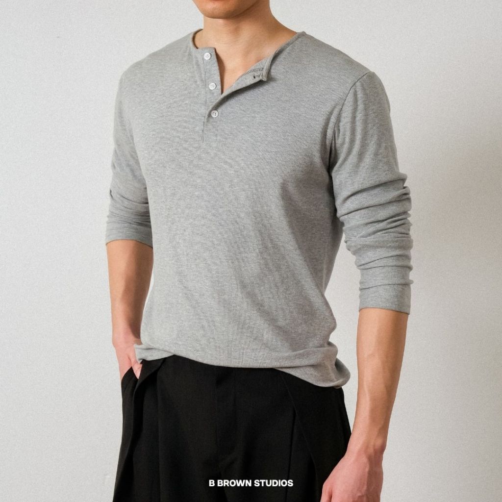 Áo Thun Nam Dài Tay Form Slim Fit Có Cúc Ngực - B Brown Henley Slim Fit Shirts