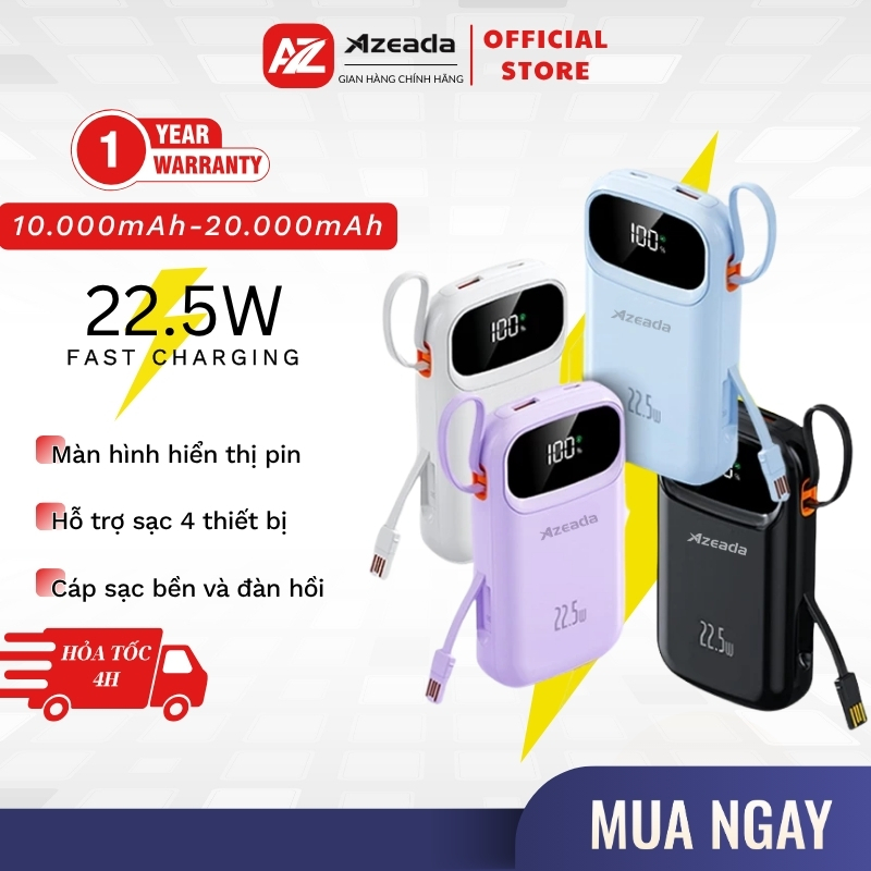 Sạc Dự Phòng Azeada PD 22.5W Pin Dự Phòng 20000mAh Tích Hợp 3 Dây Sạc Nhanh Có Màn Hình Led P03