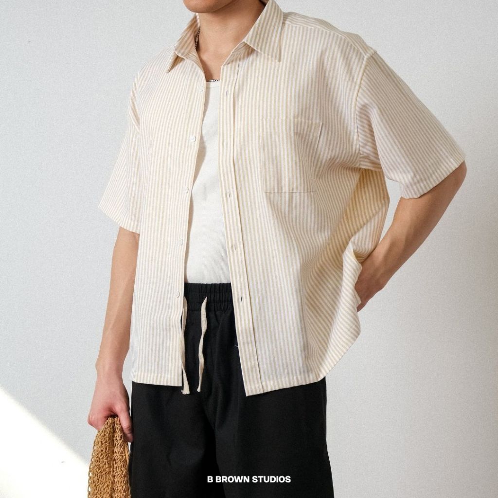 Áo Sơ Mi Nam Ngắn Tay Kẻ Sọc B Brown Rowan Boxy Shirts - Form Rộng, Vải Oxford, Dùng Hàng Ngày