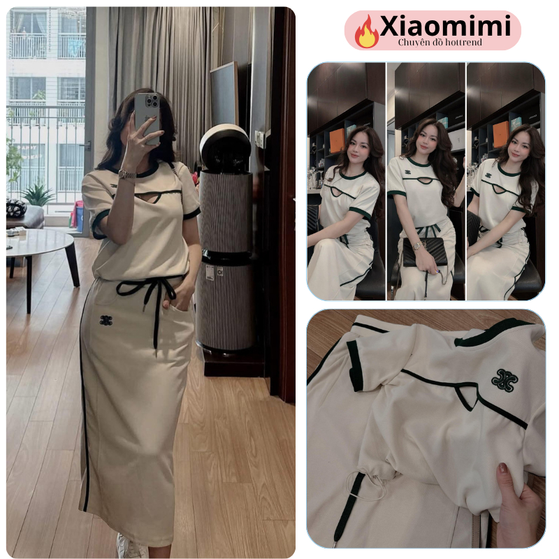 Set Bộ Nữ Áo Thun Cut-out Ngực Thêu Logo Celine Phối Chân Váy Dài - Đồ Bộ Nữ Sang Chảnh Đi Chơi HCOM