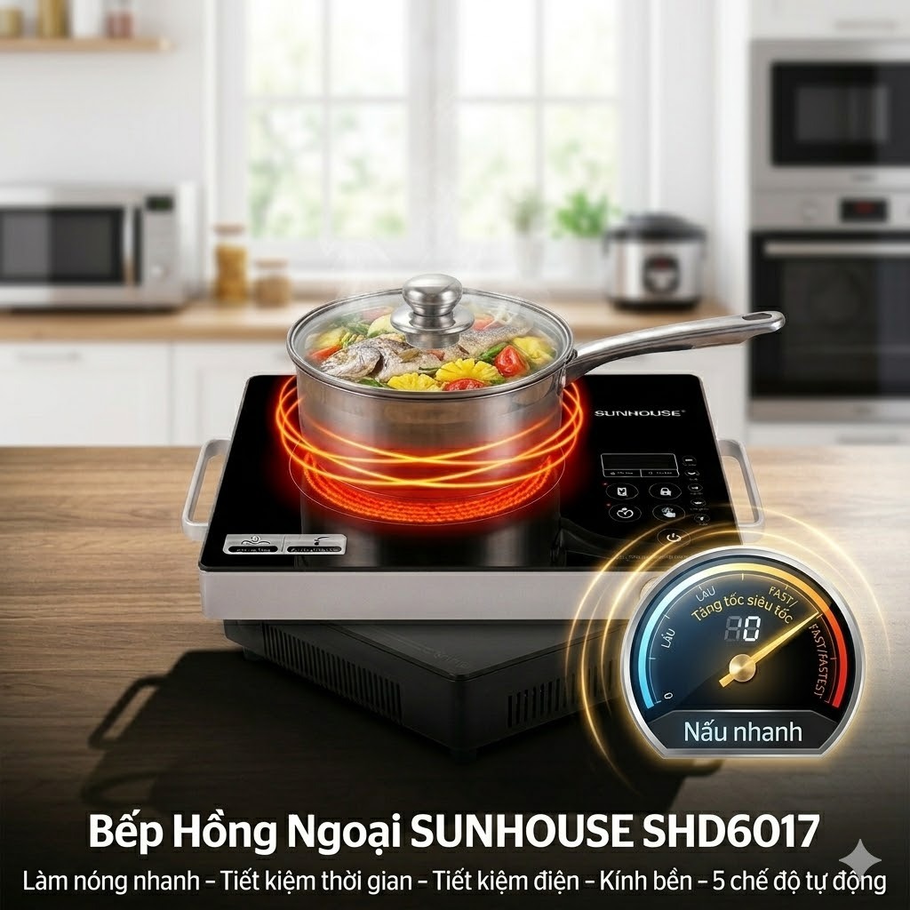Bếp Hồng Ngoại SUNHOUSE SHD6017 Công Suất Mạnh – Nấu Lẩu, Chiên, Xào Nhanh Chóng, Không Kén Nồi, Tiện Lợi Mỗi Ngày