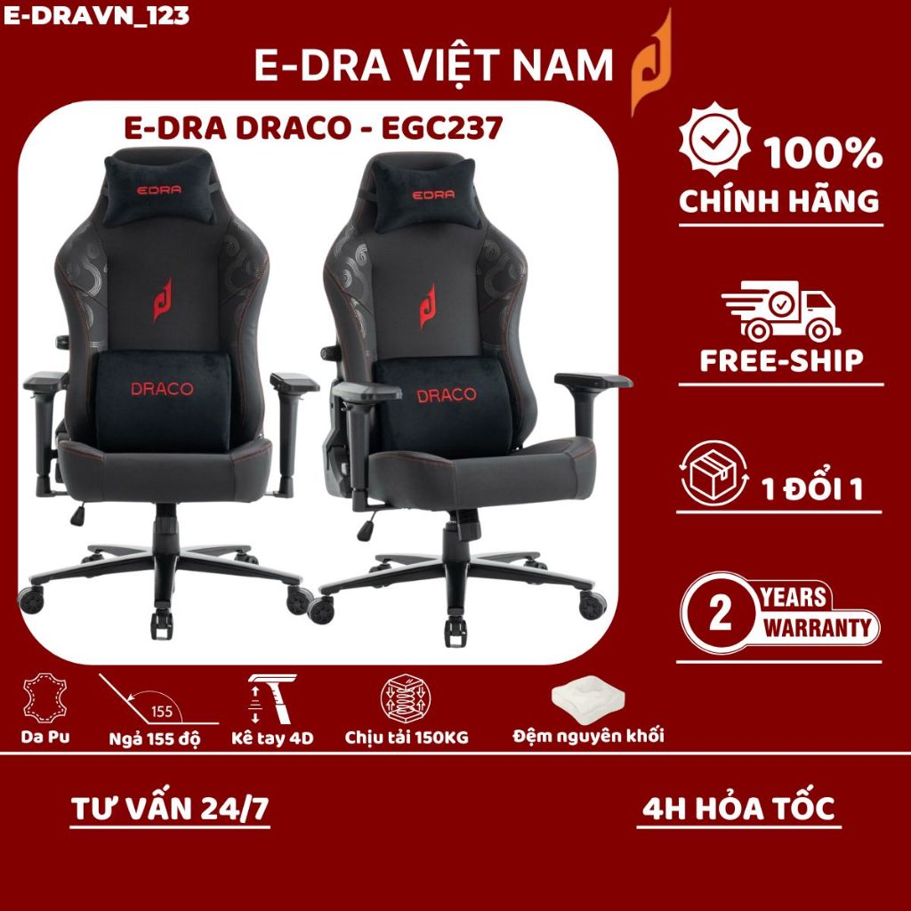 Ghế game E-DRA DRACO - EGC237 kê tay 4D, chịu tải 150kg. Hàng chính hãng - Bảo hành 12 tháng
