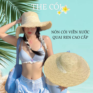 Nón cói đi biển rộng vành 14cm quai ren tiểu thư xinh xắn-THE CÓI