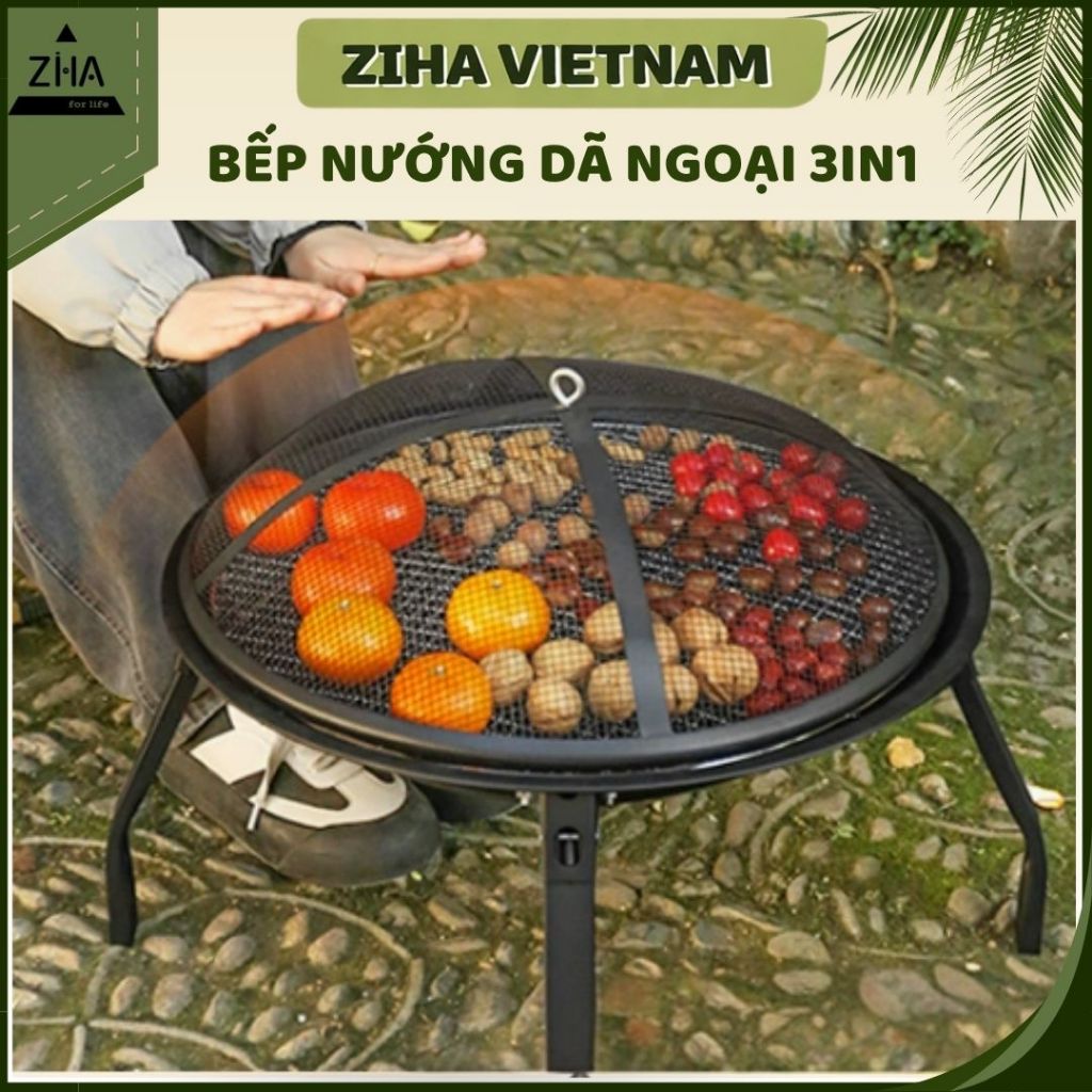Bếp nướng dã ngoại ZIHA 3 trong 1 gấp gọn, bếp nướng than hoa du lịch 3in1, ăn tiệc tại nhà tiện lợi