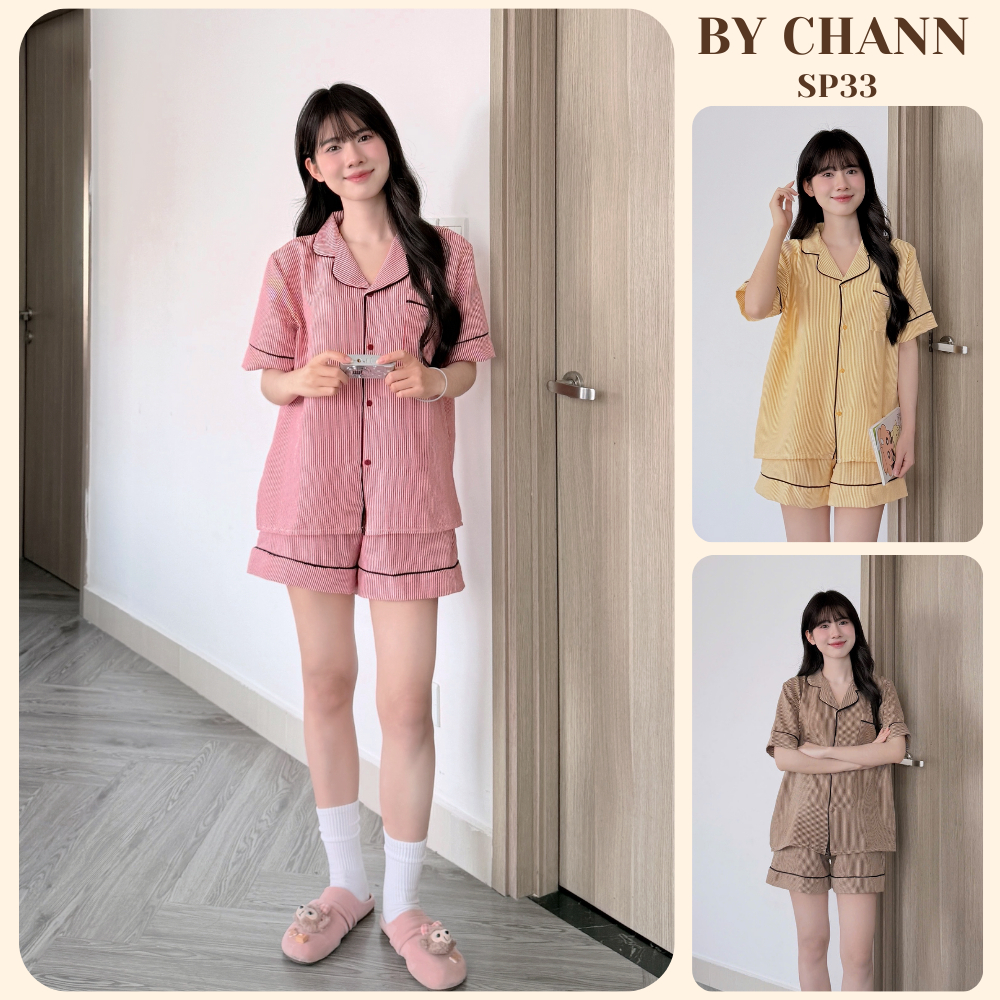Bộ Ngủ BY CHANN (SP33) áo cộc quần cộc họa tiết kẻ sọc chất liệu đũi mềm có bigsize đến 80kg