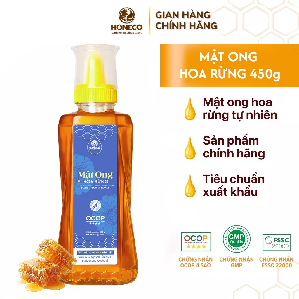 Mật ong hoa rừng HONECO 450G - Chai nắp bóp tiện dụng