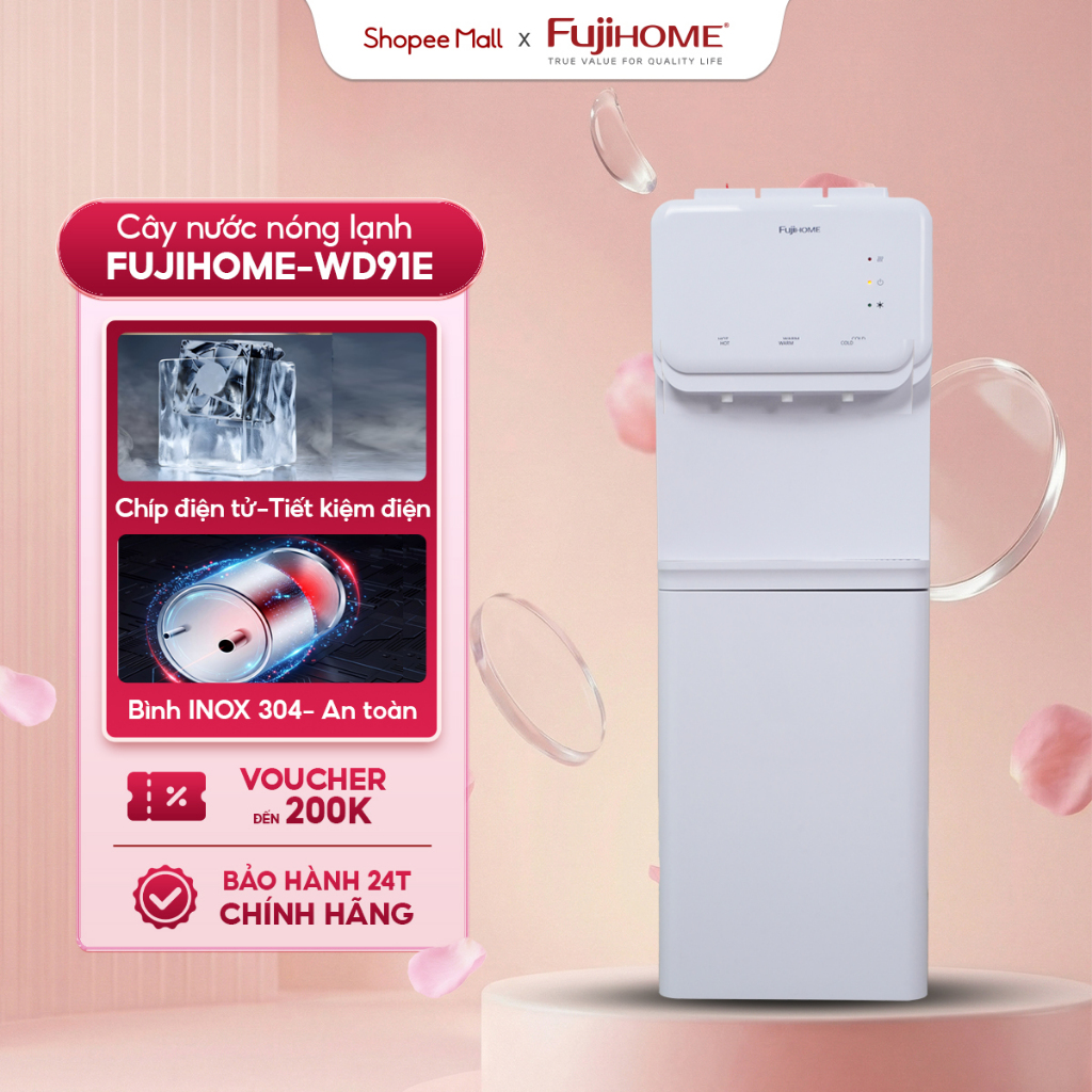 Cây nước nóng lạnh 3 vòi có khoá trẻ em FUJIHOME WD91E, máy nước uống an toàn, bình lọc nước úp tiết kiệm điện