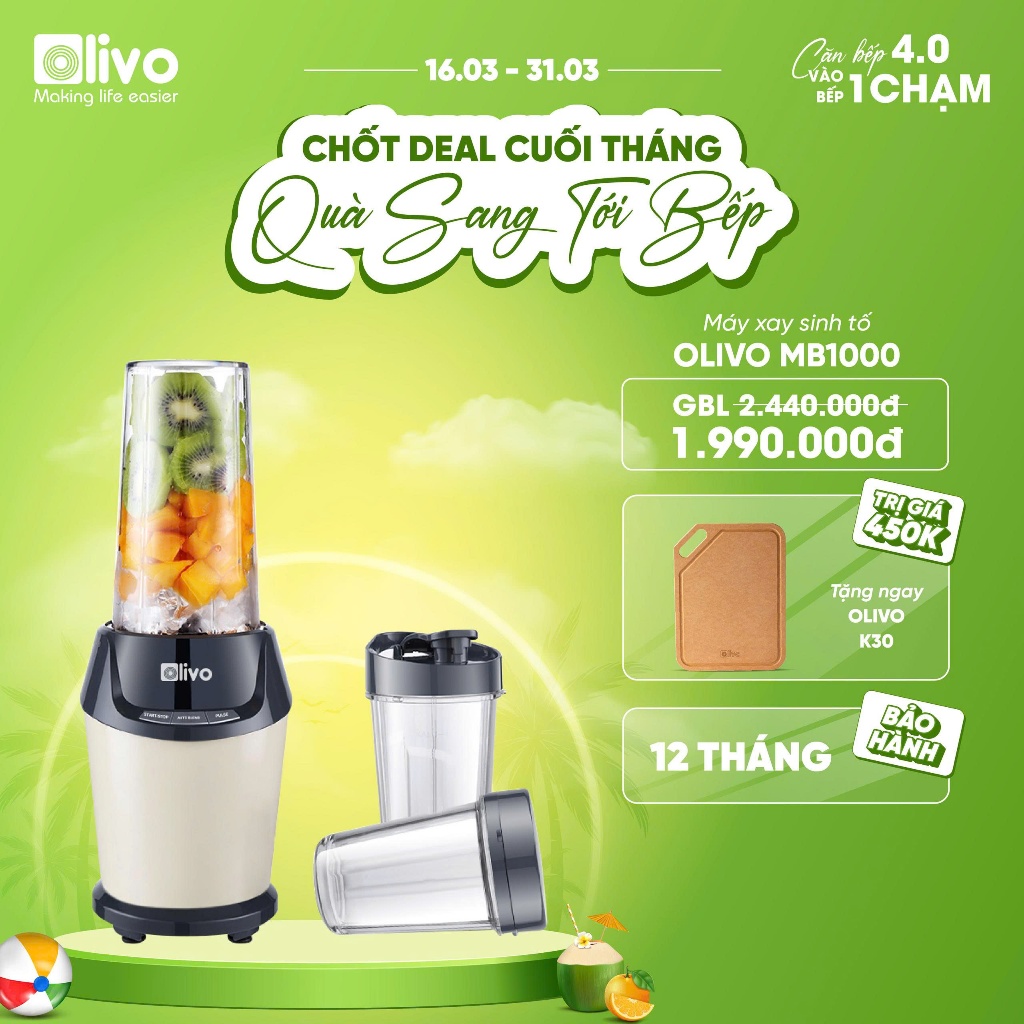 Máy xay sinh tố OLIVO MB1000 công suất lớn 1000W với ba cốc xay riêng biệt,lưỡi dao inox - Befoyo