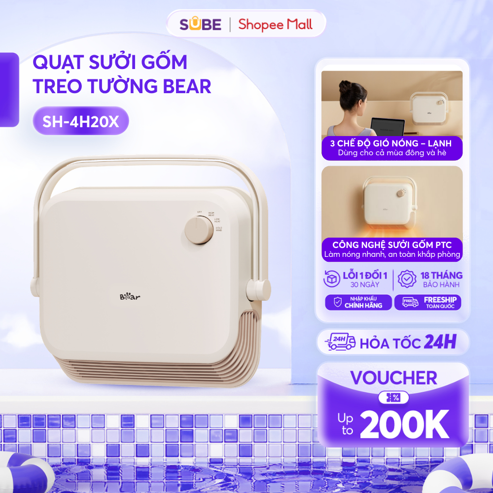Quạt Sưởi Gốm BEAR 2000W, Máy Sưởi Cho Bé Sơ Sinh Máy Sưởi Gốm Quạt Sưởi Phòng Tắm Phòng Ngủ Không Gây Khô Da SH-4H20X