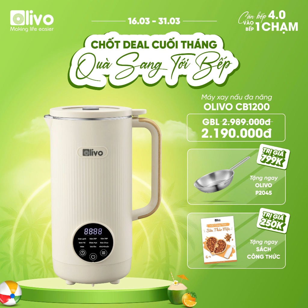 Máy Làm Sữa Hạt OLIVO CB1200 Xay Nấu Đa Năng, 1200ML, Nắp Kính Cường Lực, 10 Chức Năng Nấu, Làm Sữa 