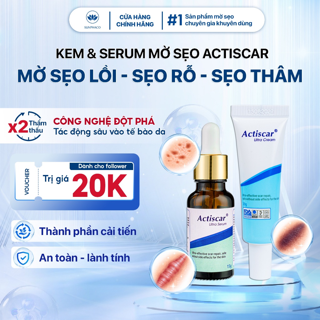 Combo kem serum và viên uống mờ sẹo Actiscar làm mờ sẹo lồi, sẹo lõm, sẹo rỗ, sẹo thâm lâu năm