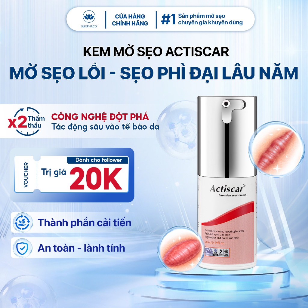 Kem Mờ Sẹo Chuyên Sâu Actiscar Hỗ Trợ Làm Mờ Sẹo Lồi, Sẹo Phì Đại, Sẹo Phẫu Thuật, Thâm Lâu Năm