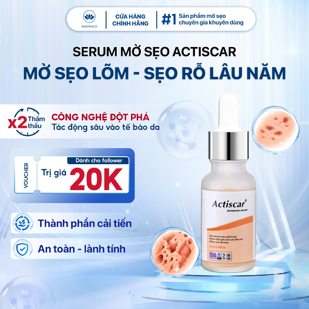 Serum Mờ Sẹo Chuyên Sâu Actiscar Hỗ Trợ Làm Mờ Sẹo Lõm, Sẹo Rỗ, Sẹo Thâm Mụn Lâu Năm