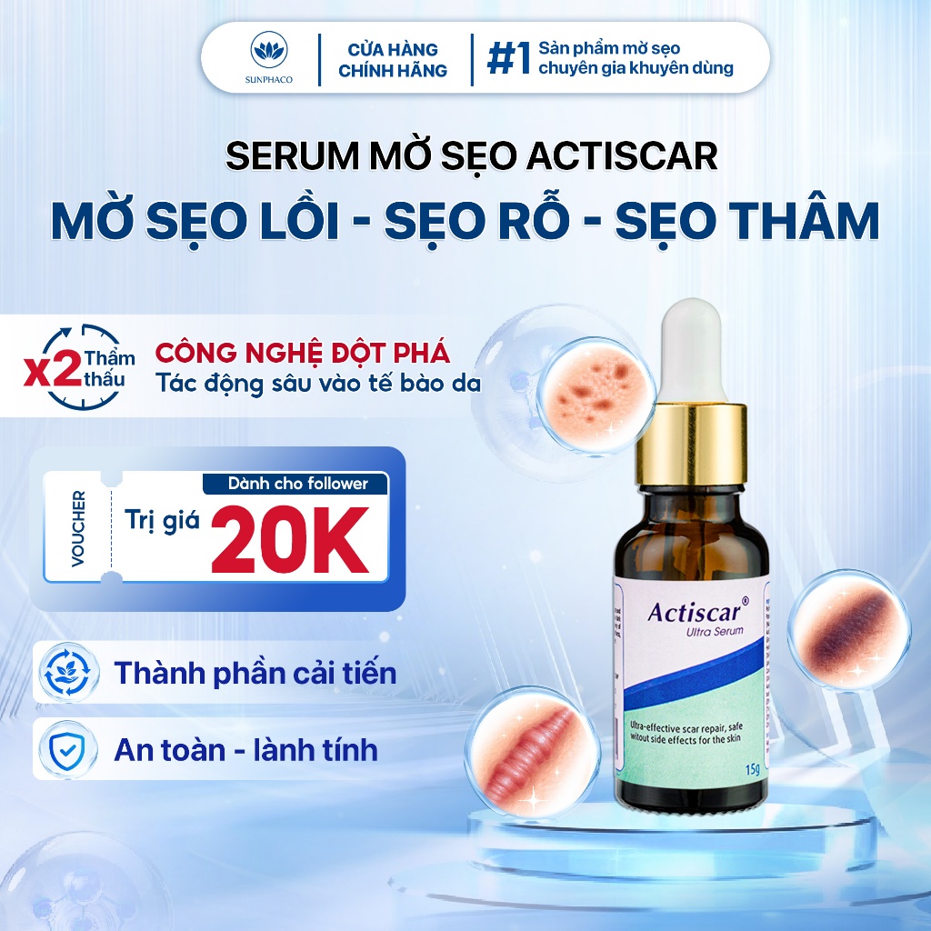 Serum Mờ Sẹo Actiscar Làm Mờ Sẹo Lồi, Sẹo Lõm, Sẹo Rỗ, Sẹo Thâm, Sẹo Phẫu Thuật, Sẹo Mới Hình Thành