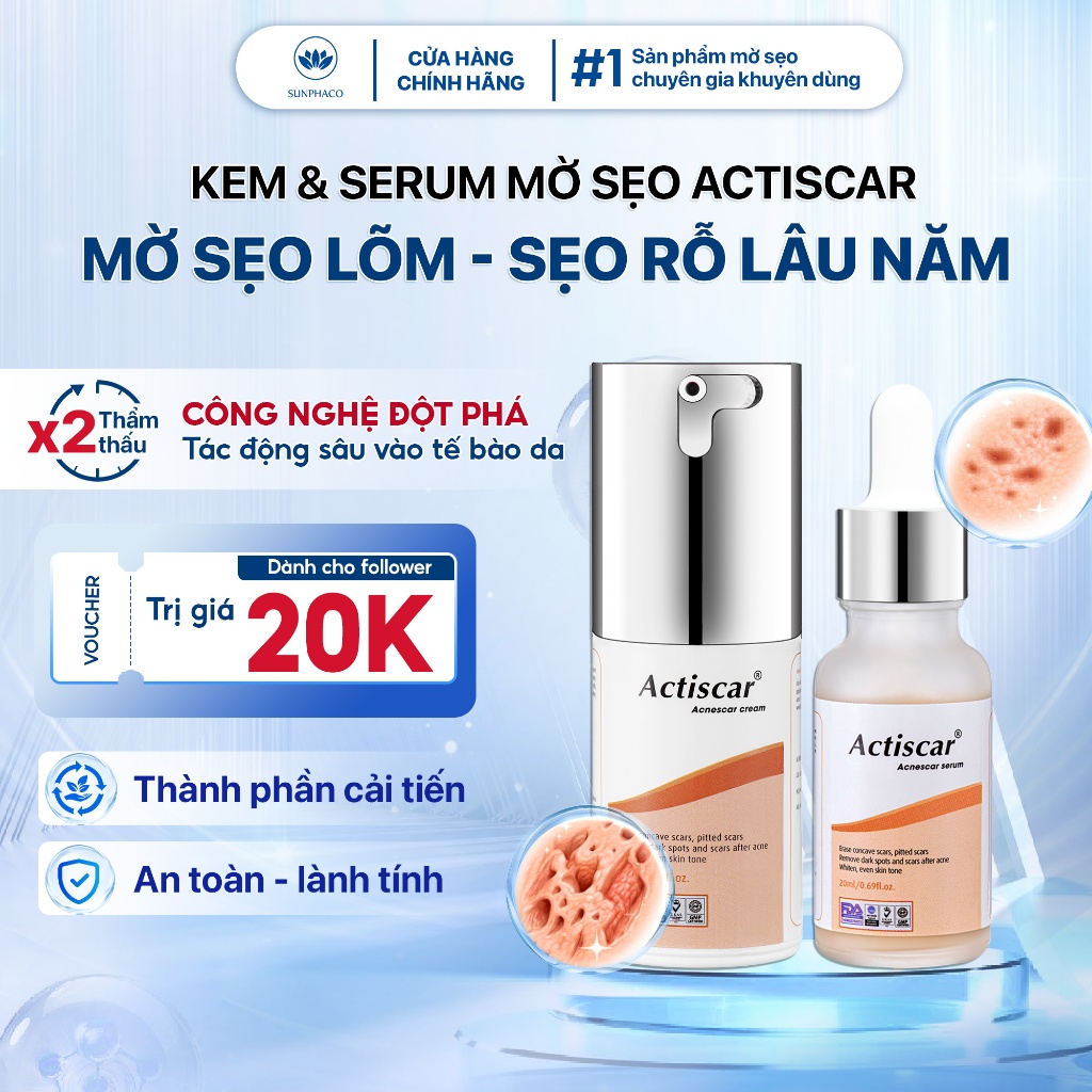 Kem Và Serum Chuyên Sâu Actiscar Hỗ Trợ Làm Mờ Sẹo Lõm, Sẹo Rỗ, Sẹo Thâm Mụn Lâu Năm