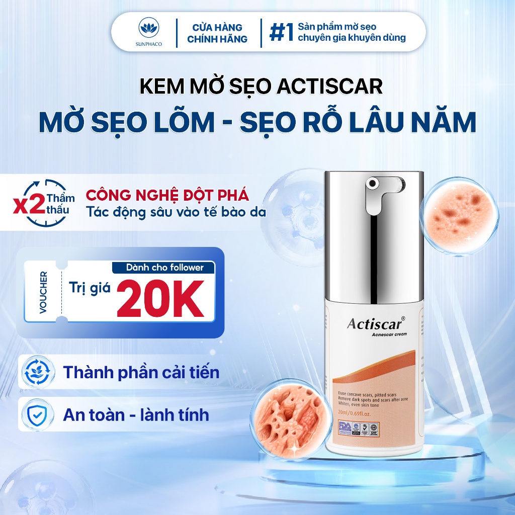 Kem Mờ Sẹo Chuyên Sâu Actiscar Hỗ Trợ Làm Mờ Sẹo Lõm, Sẹo Rỗ, Sẹo Thâm Mụn Lâu Năm