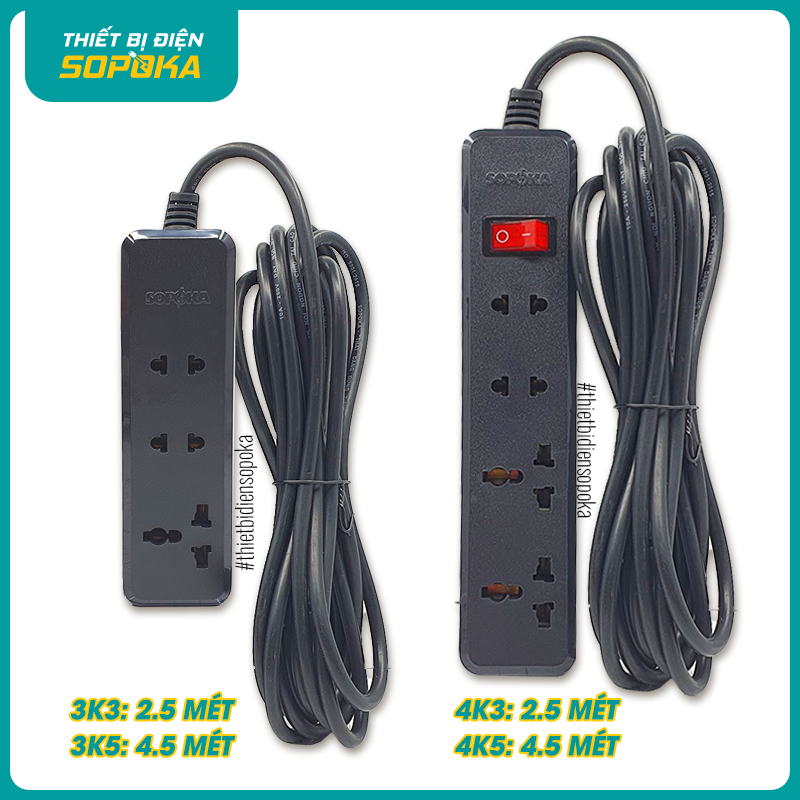 Ổ cắm điện SOPOKA 3K3 3K5 4K3 4K5 2200W lõi sứ chịu nhiệt dây 2.5m 4.5m 3 lỗ 4 lỗ màu đen