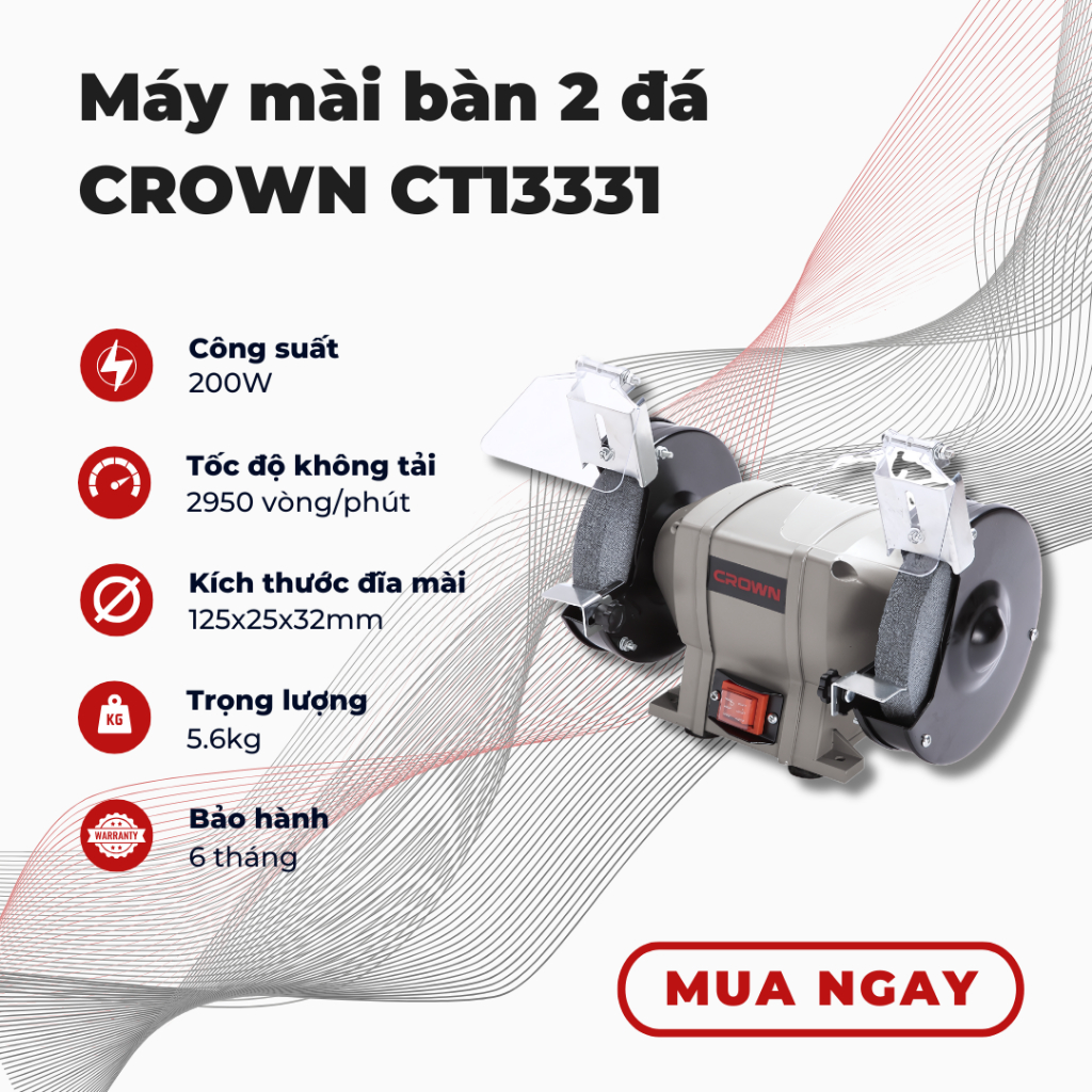 Máy mài 2 đá Crown CT13331 (200W), đĩa mài 125mm