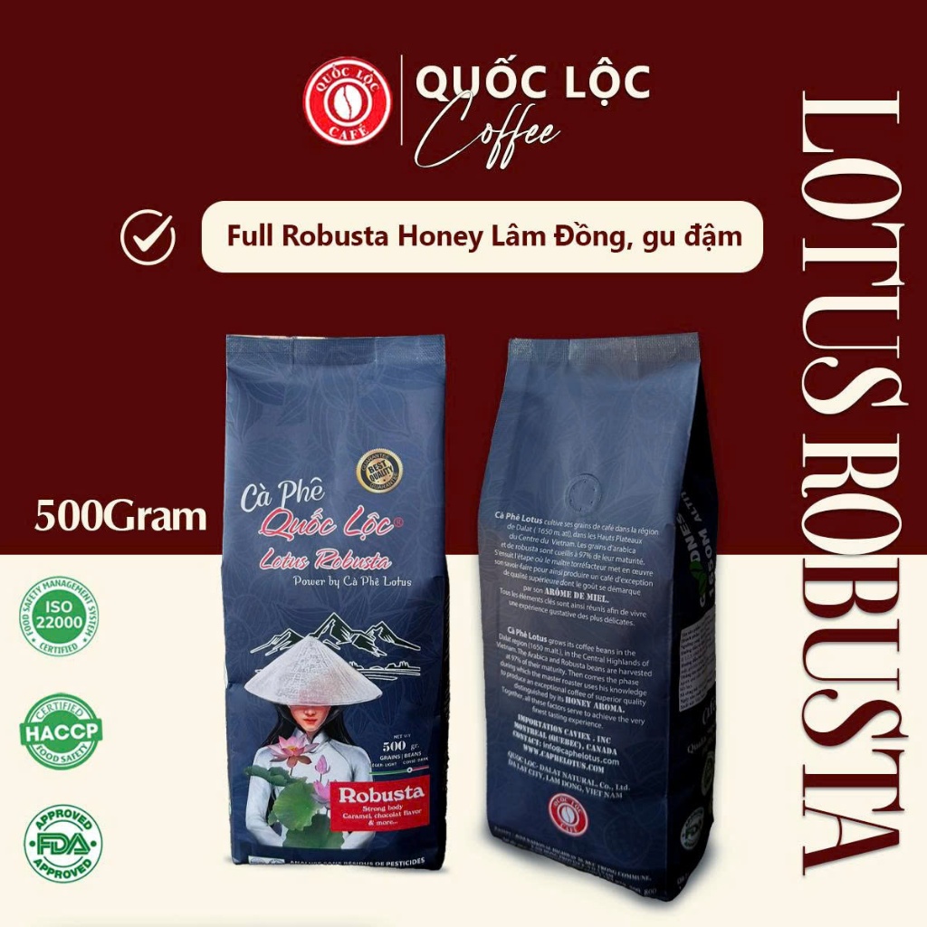 Cà Phê Rang Xay Lotus Robusta 500g - Pha Phin & Pha Máy - Quốc Lộc