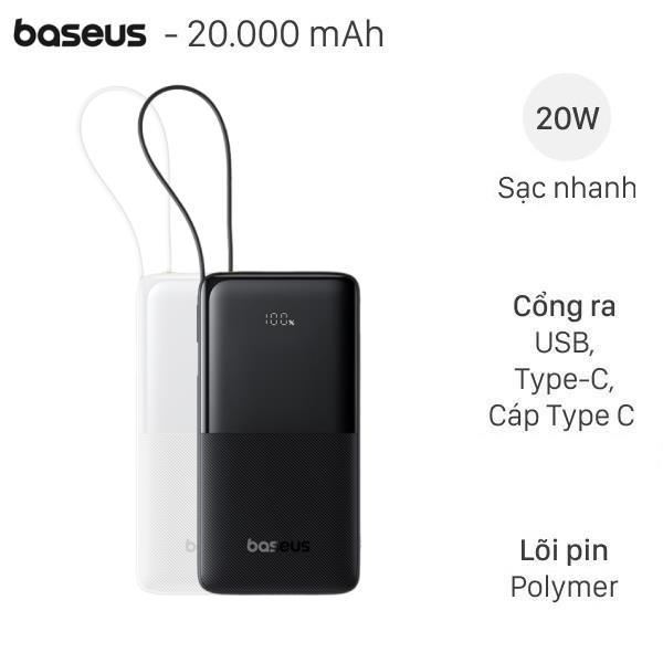Thanh lí SDP Polymer 20000mAh Type C PD QC 3.0 20W Baseus Bipow 2 PPBD2-2W20 kèm Cáp Dây Rút Type C 