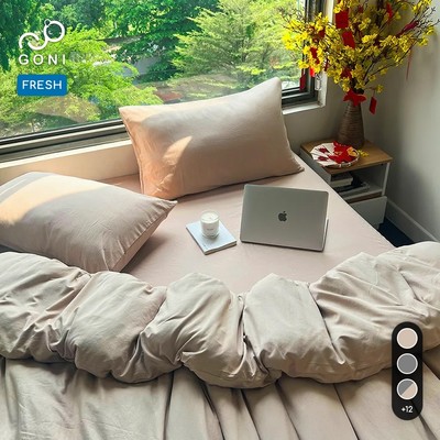 Bộ vỏ chăn mền ga gối GONI FRESH màu Beige Nhăn - Ga drap giường bo chun cao 4-25cm kích thước 1m,1m2,1m4, 1m6, 1m8,2m2