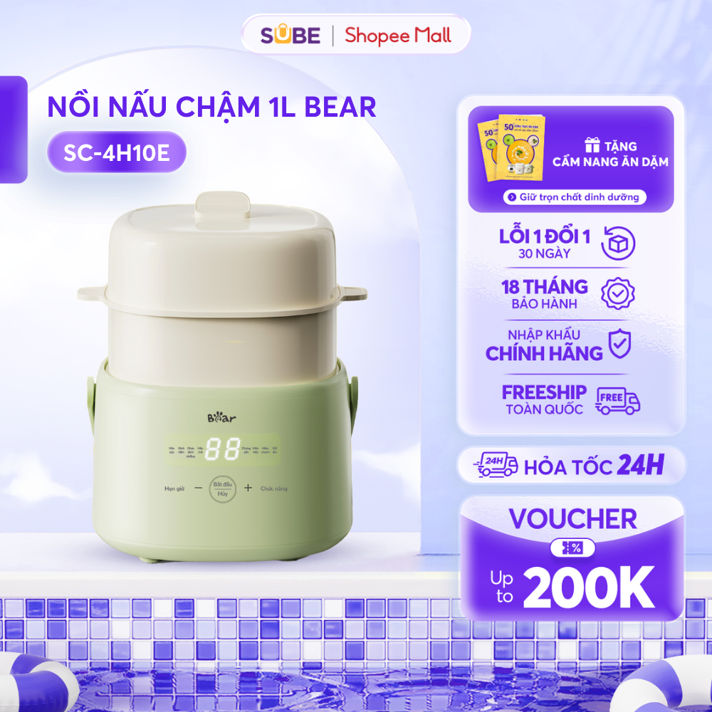 Nồi Nấu Chậm BEAR 1L, Nồi Nấu Cháo Chậm Kèm Xửng Hấp Nồi Nấu Cháo Cho Bé Đa Năng Chưng Yến Kho Cá Nấu Chè Hầm SC-4H10E