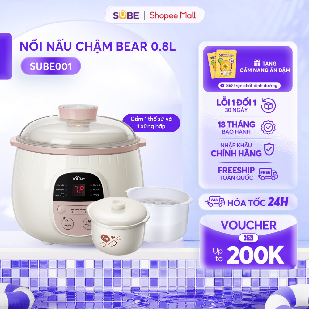Nồi Nấu Chậm BEAR 0.8L Nồi Nấu Cháo Ăn Dặm Cho Bé Nồi Nấu Chậm Nồi Chưng Yến Nồi Cho Mẹ SUBE001