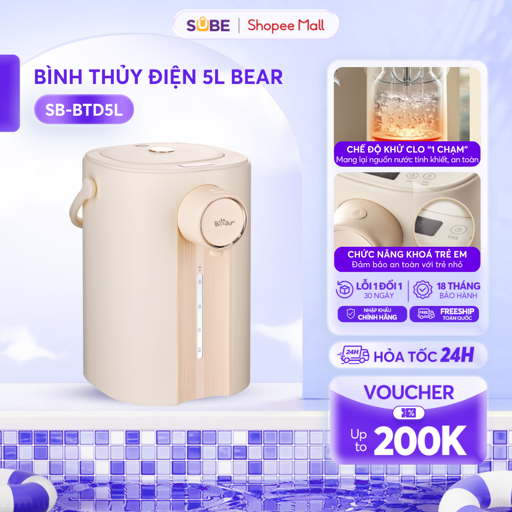 Bình Thủy Điện BEAR 5L, Bình Đun Nước Bình Thủy Giữ Nhiệt Bình Đun Nước Khử Clo Pha Sữa Pha Trà 11 Chế Độ - SB-BTD5L