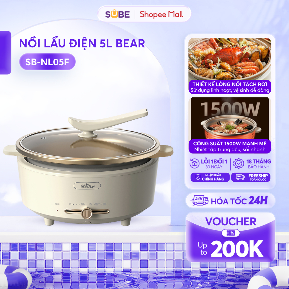 Nồi Lẩu Điện BEAR 5L, Nồi Lẩu Điện Đa Năng Nồi Điện Đa Năng Bếp Lẩu Đế Rời Nhanh Sôi Chống Dính Dễ Vệ Sinh SB-NL05F