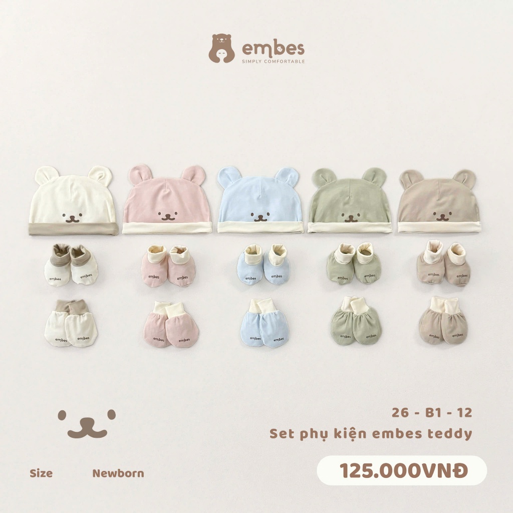 Phụ Kiện Sơ Sinh Embes, Set Bao Tay Bao Chân Embes Teddy Chất Cotton Mềm Mại Cho Bé Sơ Sinh 0-3Tháng