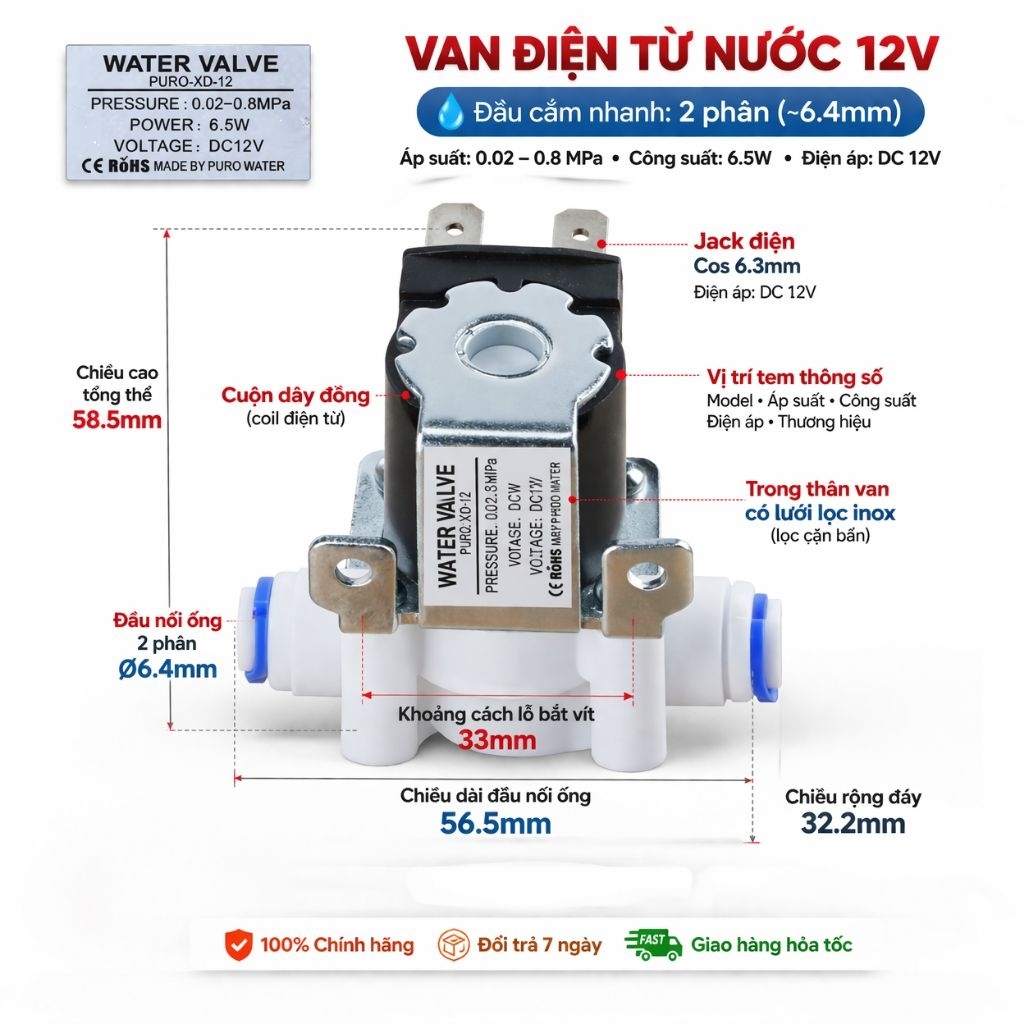 Van điện từ nước 12V (Water Valve PURO-XD-12)