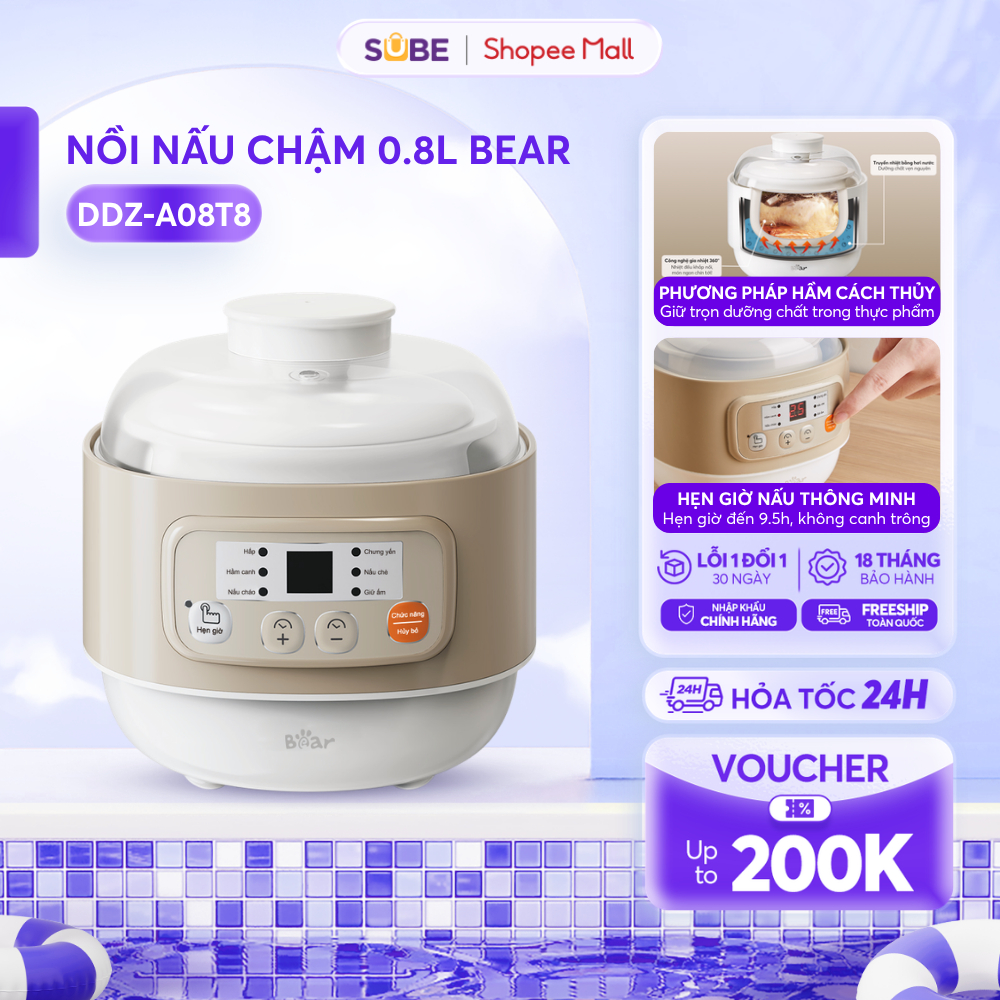Nồi Nấu Chậm BEAR 0.8L, Nồi Nấu Cháo Chậm Đa Năng Nồi Chưng Yến Nấu Chè Kho Cá Nấu Cháo Ăn Dặm Cho Bé DDZ-A08T8