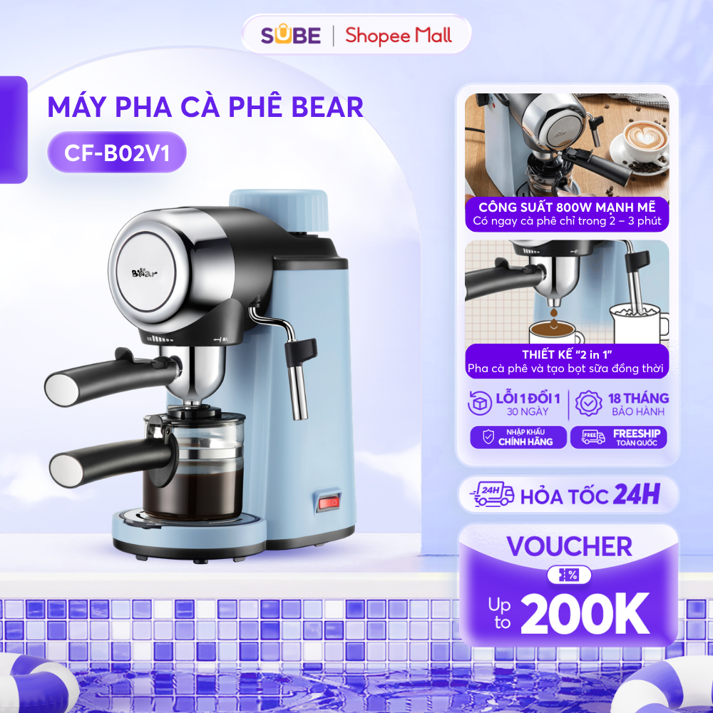 Máy Pha Cà Phê Bear Tự Động Pha Cafe, Espresso, Cappuccino, Pha Cà Phê Kiểu Ý, Giữ Nhiệt Lâu, Công Suất Lớn CF-B02V1