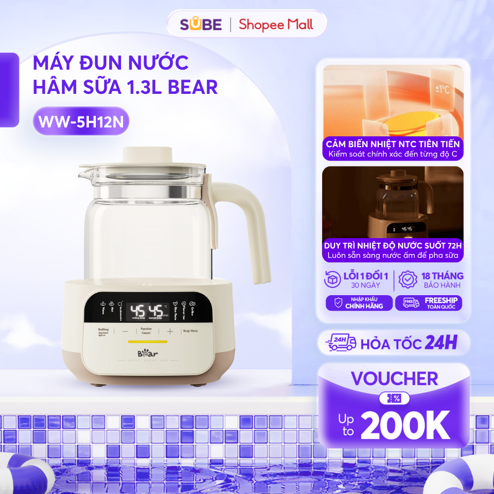 Máy Đun Nước Pha Sữa Bear 1.3L Máy Hâm Sữa Bình Đun Pha Sữa Cho Bé Khử Clo Giữ Nhiệt 72h Có Khay Hâm