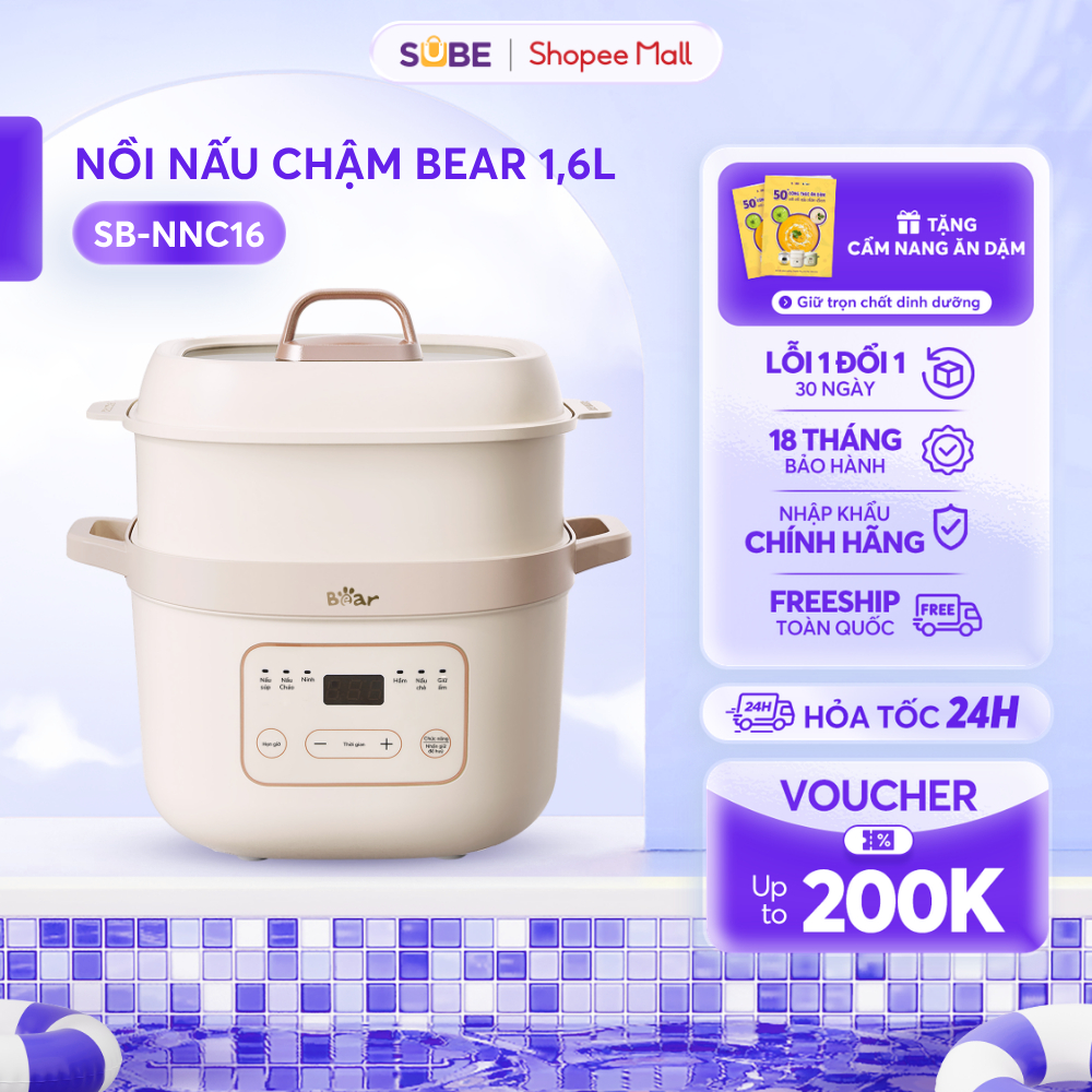 Nồi Nấu Chậm BEAR 1,6L Nồi Nấu Cháo Chậm Nồi Nấu Cháo Cho Bé Ăn Dặm Nồi Chưng Yến Kho Cá Nấu Chè Kèm Xửng Hấp SB-NNC16