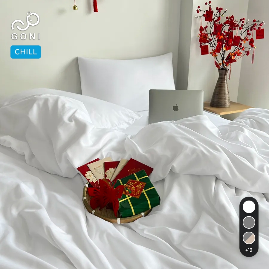 Bộ vỏ chăn mền ga gối GONI CHILL màu Trắng Trơn - Ga drap giường bo chun cao 4-25cm kích thước 1m, 1