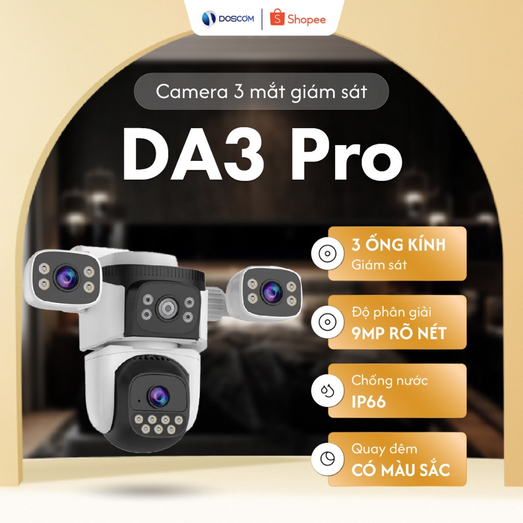 Camera Wifi Doscom DA3 Pro Tích Hợp 3 Ống Kính - Giám Sát An Ninh 360 độ, Đàm Thoại 2 Chiều