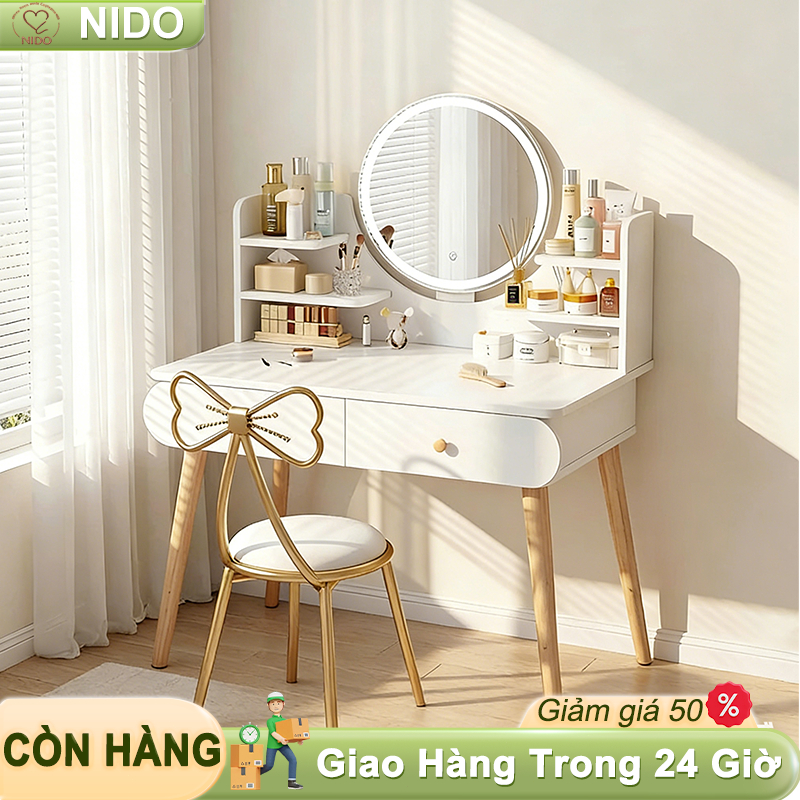 NIDO Bàn Trang Điểm Kèm Gương LED - Kệ Để Mỹ Phẩm Tiện Lợi, Hoàn Hảo Cho Phòng Ngủ