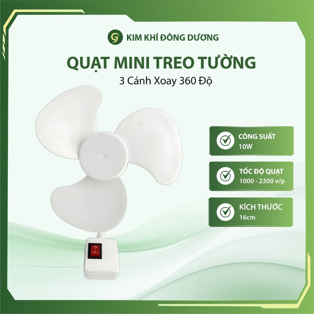 Quạt Mini Treo Tường 3 Cánh Xoay 360 Độ, Treo Tường Nhà Bếp Nhà Tắm Tiện Lợi