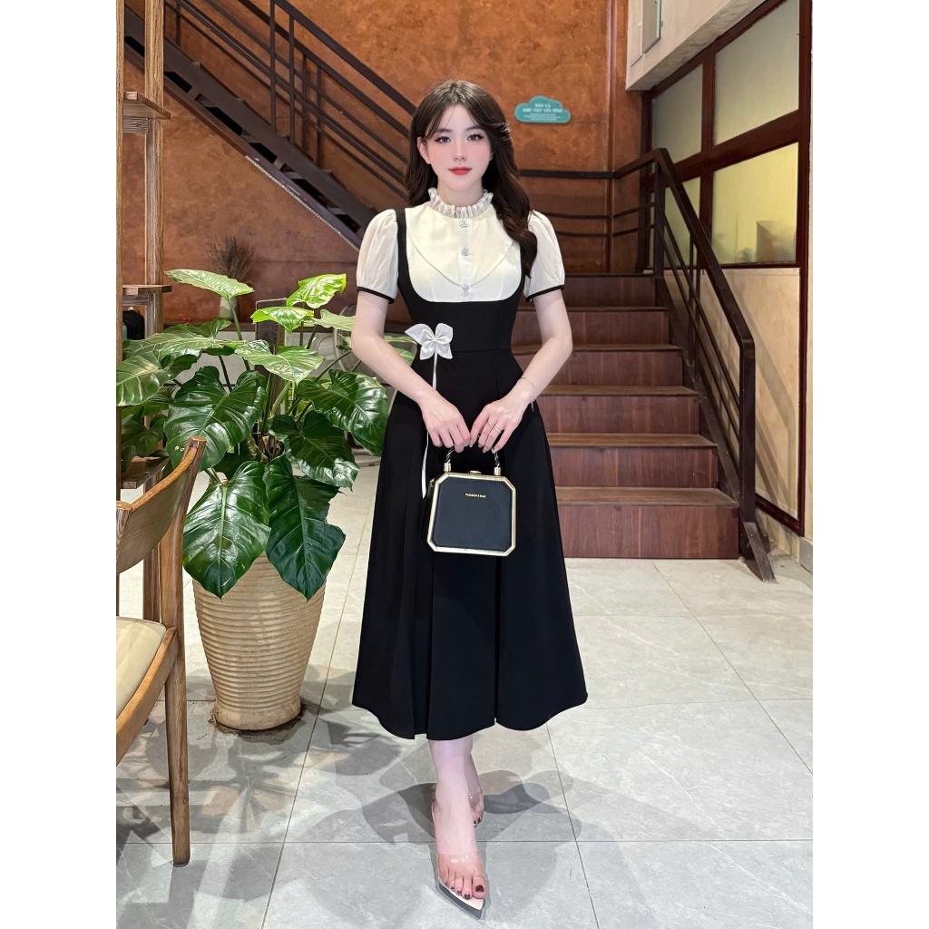 VK299 - Váy Thiết Kế Evii dành cho nữ, Đầm thiết kế cổ bèo phối tơ (tặng kèm nơ cài) dáng A xếp ly d