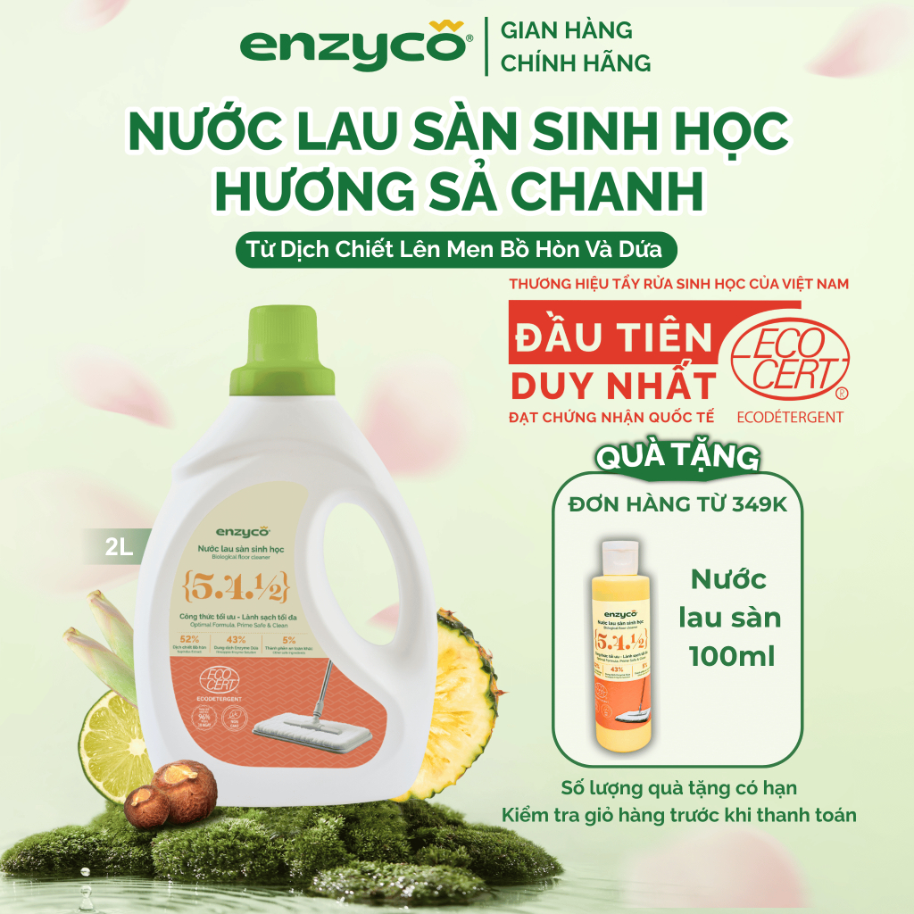 Nước Lau Sàn Đuổi Muỗi Sinh Học ENZYCO Từ Bồ Hòn & Dứa Đạt Chứng Nhận ECOCERT 2L, Dọn Nhà Sáng Bóng
