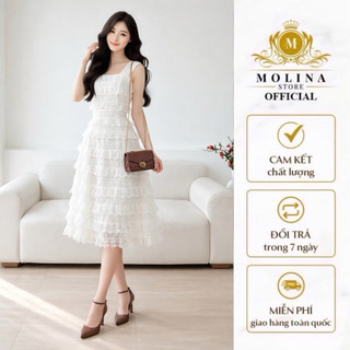 Đầm Ren bèo 2 dâyThiết Kế Dáng Xòe Nữ Molina Chất Liệu ren bèo Hai Lớp Mềm Mịn